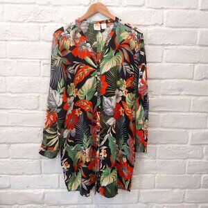 C C California Linen Blend Shirt Dress XL Black Floral Colorful Long Sleeve Midi